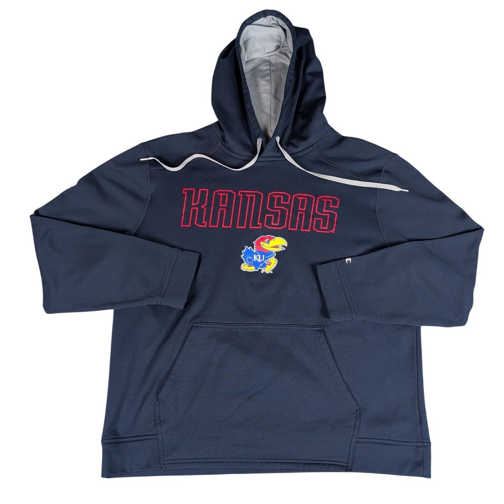 Champion Kansas Jayhawks Hoodie Navy Blue Pullover Sweatshirt Mens L NCAA